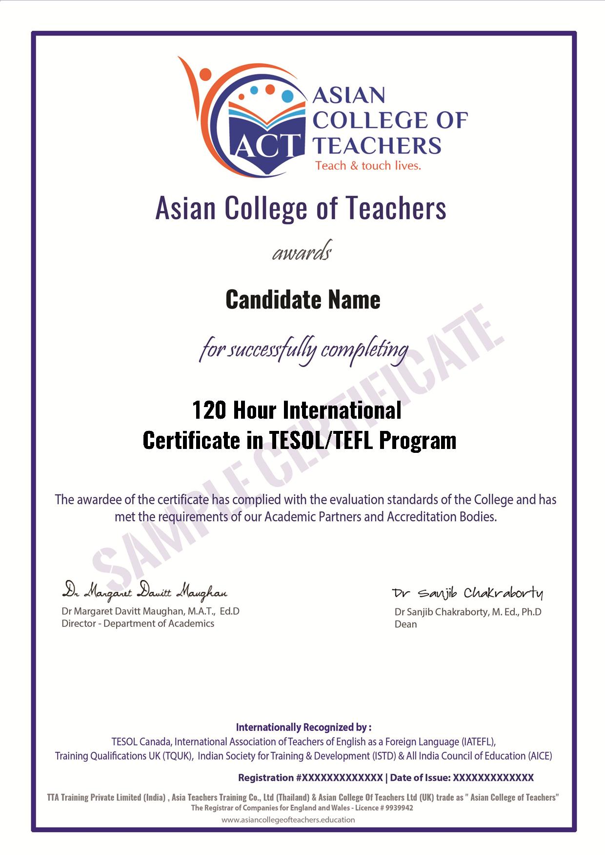  120 Hours of International TEFL Certificate Sample