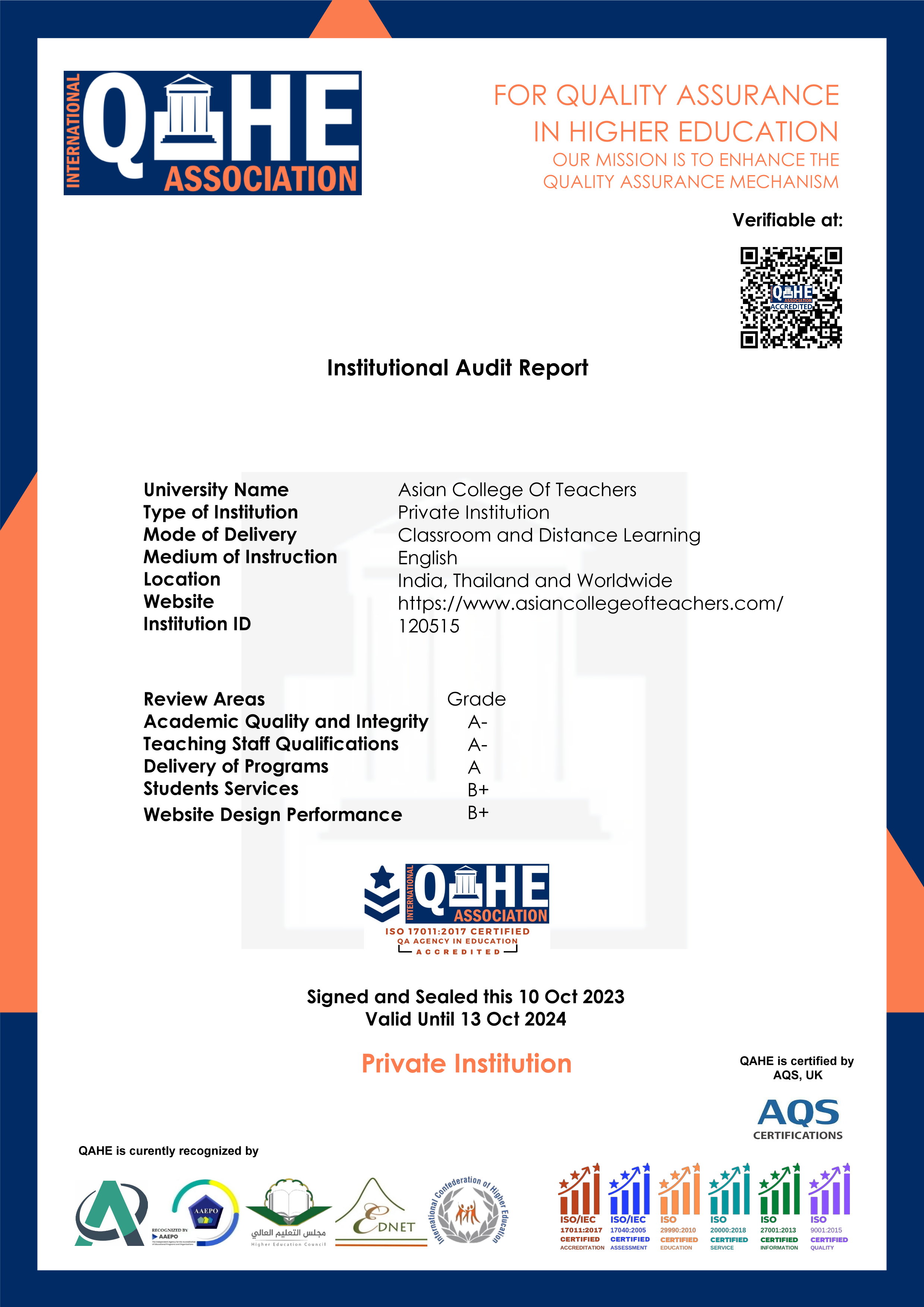 ACT’s Audit Report by QAHE