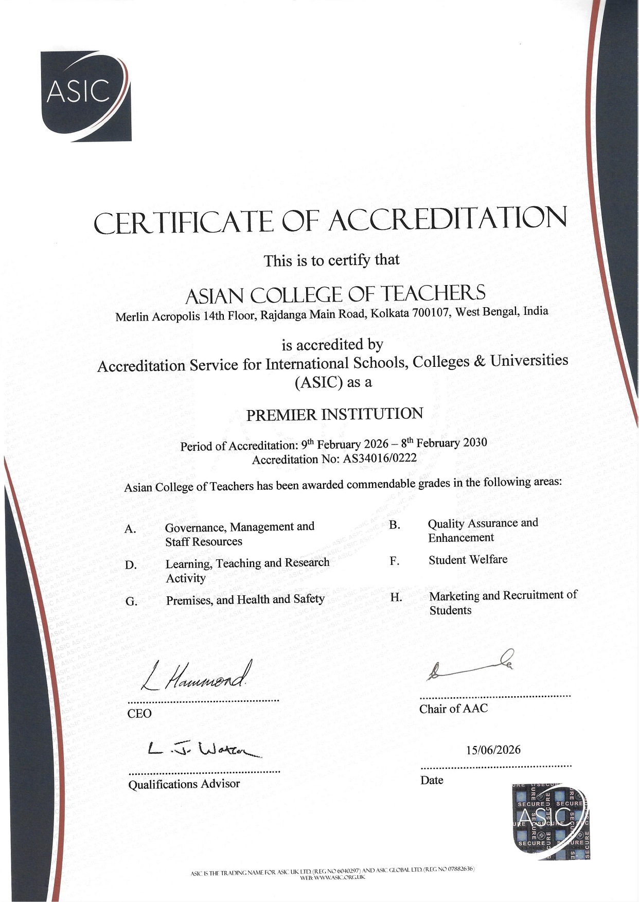 ASIC Certificate of Accreditation