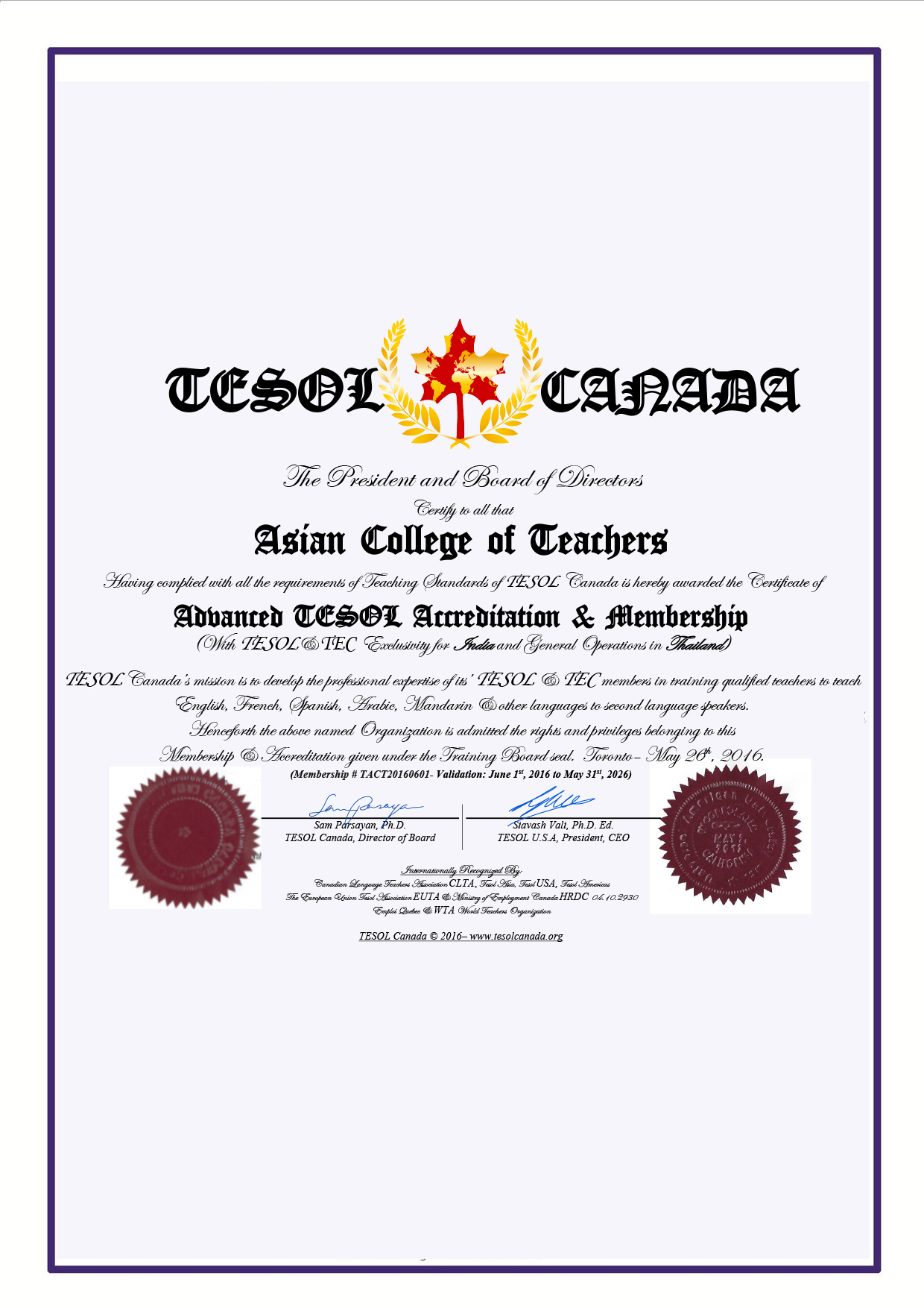 ACT Advanced TESOL Accredation and Membership Certificate